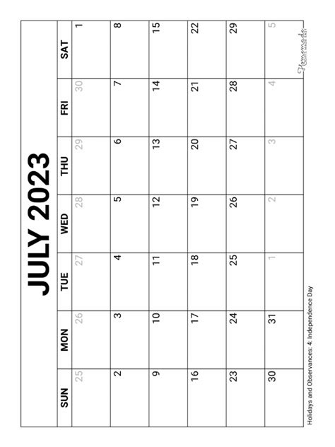 July Calendar 2023 Printable Blank Pdf