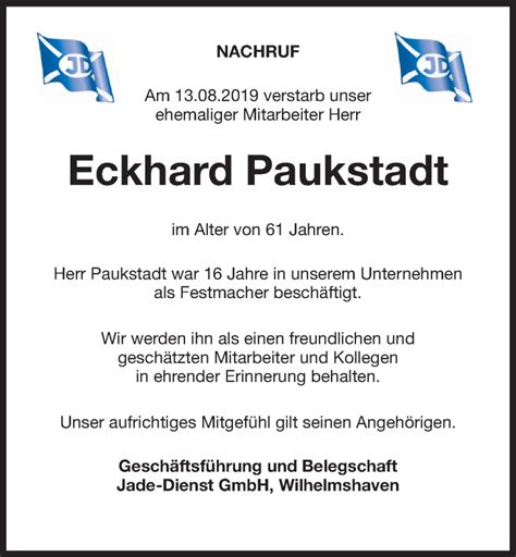 Traueranzeigen Von Eckhard Paukstadt Nordwest Trauer De