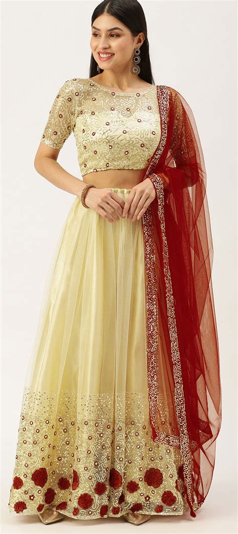 Engagement Festive Reception Beige And Brown Color Net Fabric Lehenga