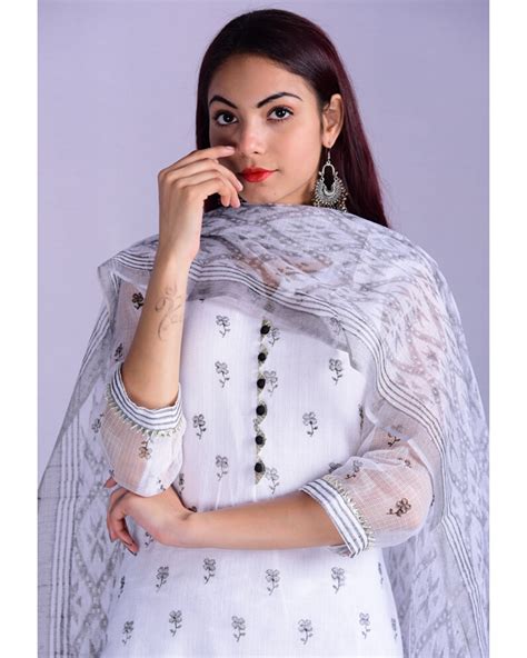 White And Grey Kota Doria Kurta And Palazzo With Dupatta Set Of Three