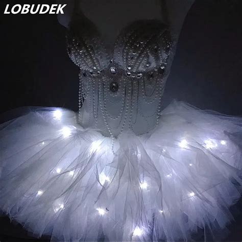 White Pearls Stones Bikini LED Bubble Skirt Set Women Sexy Nightclub DJ