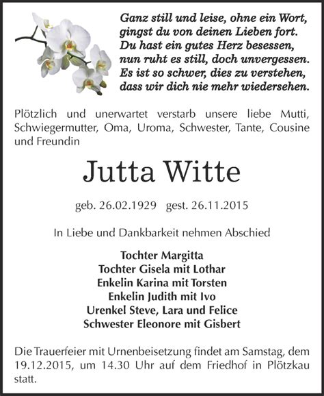 Traueranzeigen Von Jutta Witte Abschied Nehmen De