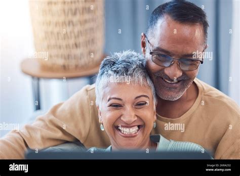 Senior Couple Happy And Laptop While Online Streaming Movie Show Or