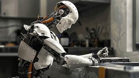 Advanced Humanoid Android Robot Working At A Computer In A Modern