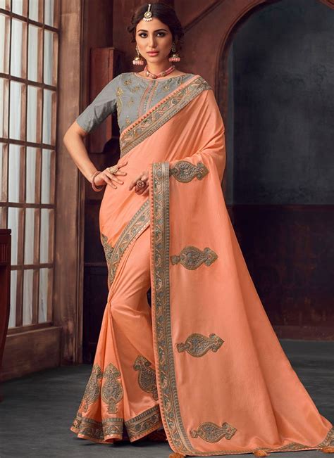 Alluring Peach Silk Classic Saree In 2020 Art Silk Sarees Trendy