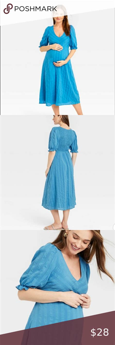 Nwt The Nines By Hatch Blue Tonal Stripe Balloon Sleeve Maternity Midi