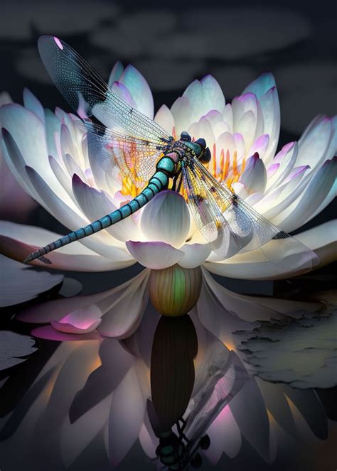 Dragonfly And Lotus Poster Picture Metal Print Paint By Zachariah