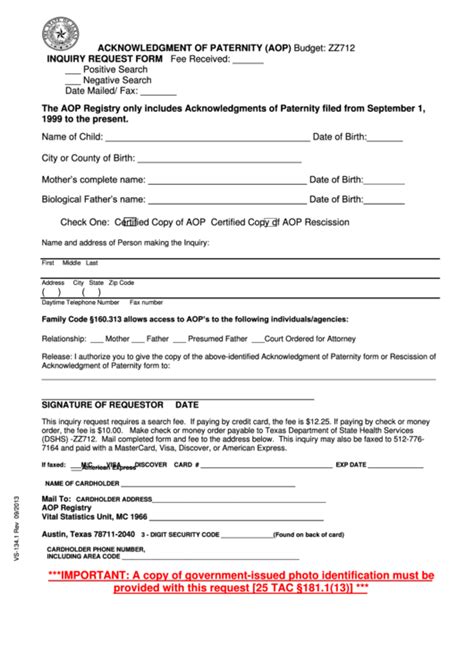 Acknowledgment Of Paternity Aop Inquiry Request Form Texas Department Of State Printable Pdf