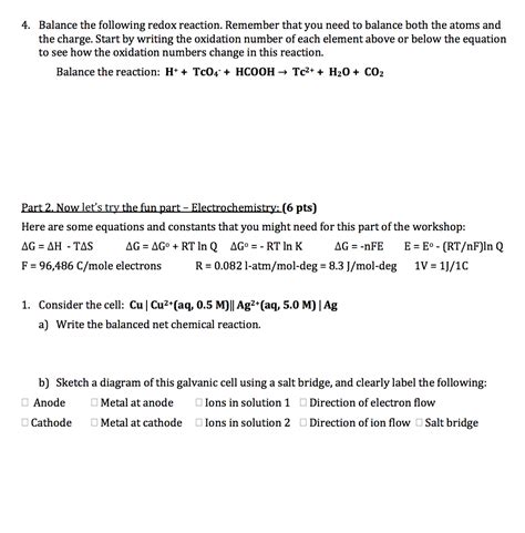 Solved Workshop 10: Redox Reactions and Electrochemistry In | Chegg.com