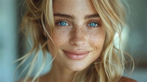 Premium Photo Blonde With Freckles Blue Eyes Perfect Skin Smiling