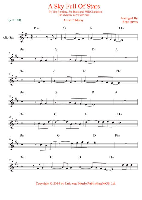 A Sky Full Of Stars Arr Rene Alves By Coldplay Sheet Music For Alto