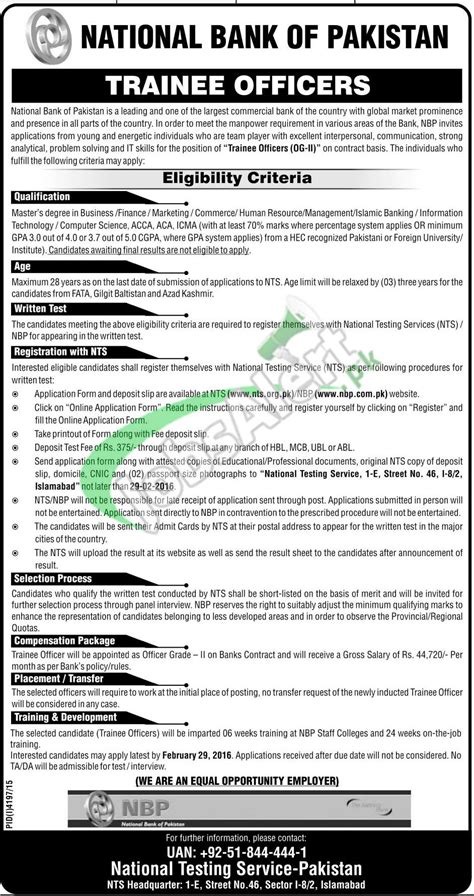 NBP Jobs 2016 For Trainee Officers OG II NTS Online Registration