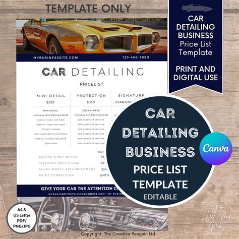 Car Detailing Price List Template Business Editable Pricing Etsy