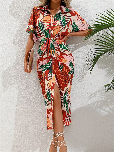 Shein Vcay Vestido Camisero Con Estampado Tropical De Manga Murci Lago