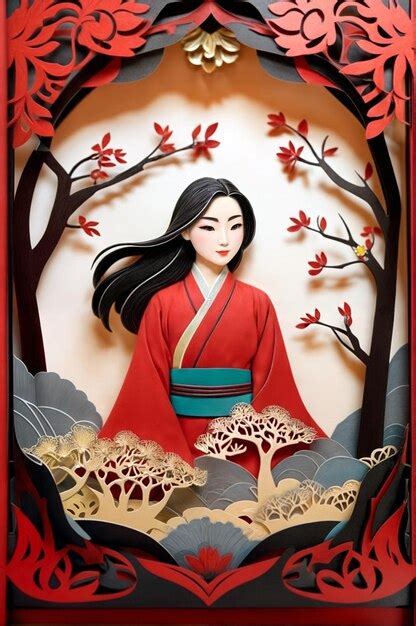 Premium Photo A Painting Of A Woman In A Kimono With A Red Kimono