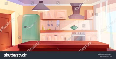 Cartoon Retro Kitchen Interior Wooden Table Stock Vector (Royalty Free ...