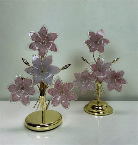 Italienische Regency Murano Glas Tischlampen Mit Rosa Blumen Er