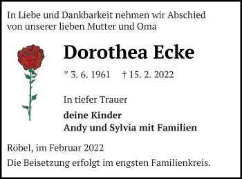 Traueranzeigen Von Dorothea Ecke Trauer Nordkurier