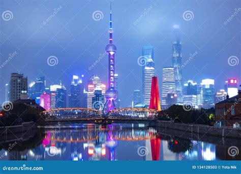 Shanghai China Beautiful City Landmark Skyline At Night Business And