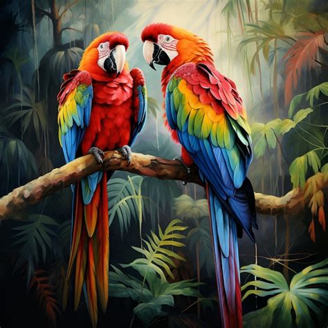 Dos Loros Coloridos Sentados En Una Rama En La Selva Foto Premium