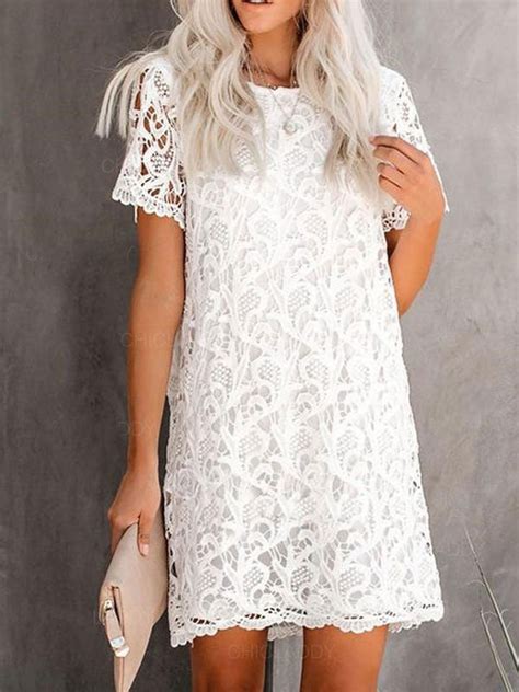 Lace Dresses White Jewel Neck Short Sleeves Oversized Lace Casual