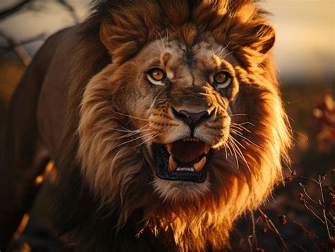 Premium AI Image | A stunning shot of a roaring lion during sunset in ...