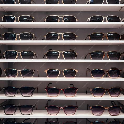 Premium Photo Stylish Sunglasses Arranged On Shelves In Glasses Store