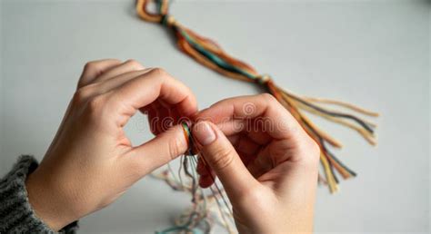 Close Up Of Caucasian Female Hands Weaving Colorful Friendship Bracelet