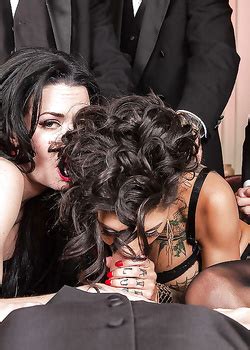 Glamorous Brunette Sluts In Stockings Enjoys A Fervent Gangbang Action