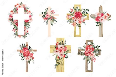 Watercolor Flower Cross Wood Cross Baptism Floral Clipart First