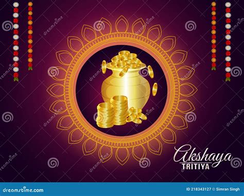 Akshaya Tritiya Celebration Greeting Card With Gold Coin Pot Stock