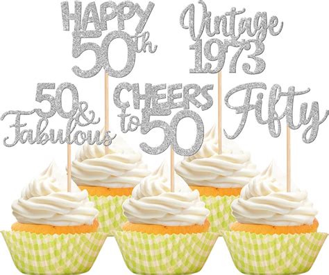 30pcs Happy 50th Birthday Cupcake Toppers Glitter Fifty