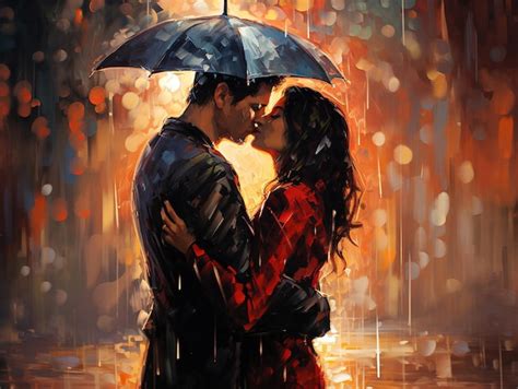 Premium Ai Image Romantic Rainfall Embrace Couple In Love Hugging And Kissing Under An Umbrella