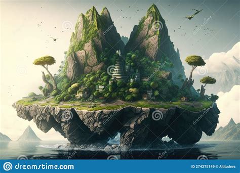 A Surreal Float Island With A Towering Mountain In The Background