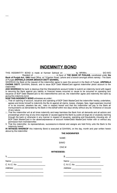 Atm Indemnity Bond Illiterate Account Holder Per Indemnity Bond This