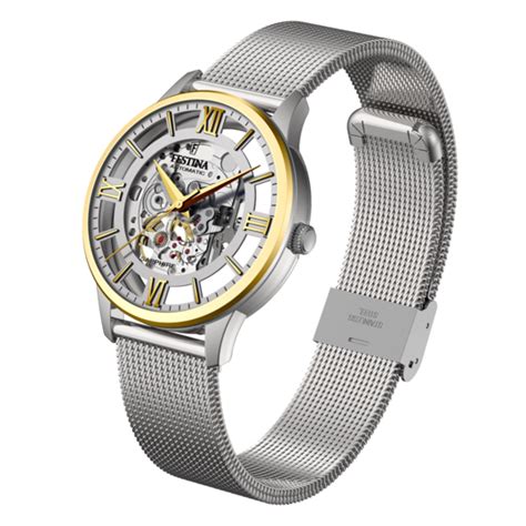 Reloj De Hombre Festina Automatic Skeleton F Con Esfera Plateada