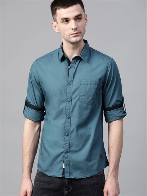 Buy The Roadster Lifestyle Co Men Teal Blue Regular Fit Solid Casual