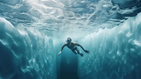 Un Buzo Nada Bajo El Agua En Una Cueva Foto Premium