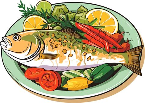 Premium Vector Cooked Fish With Lemon And And Vegetables On A Plate