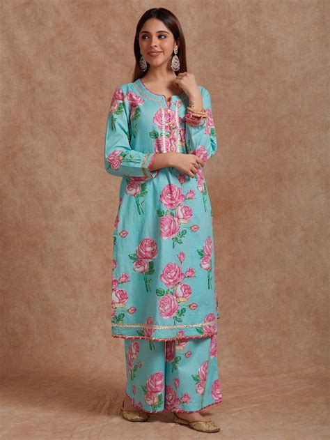 Buy Light Blue Pink Printed Cotton Kurta With Palazzo Set Of