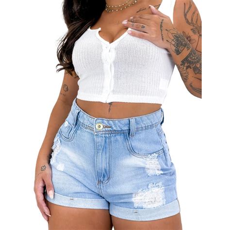 Short Jeans Feminino Luxo Cintura Alta Destroyed Hot Pants Barra Desfiada Modela Bumbum Bermuda