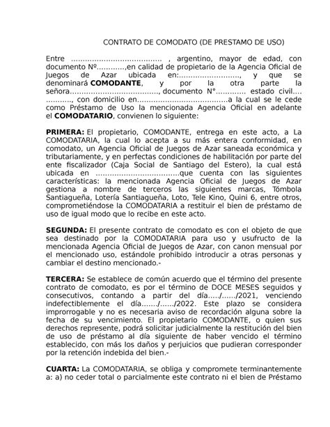 Modelo DE Contrato DE Comodato CONTRATO DE COMODATO DE PRESTAMO DE