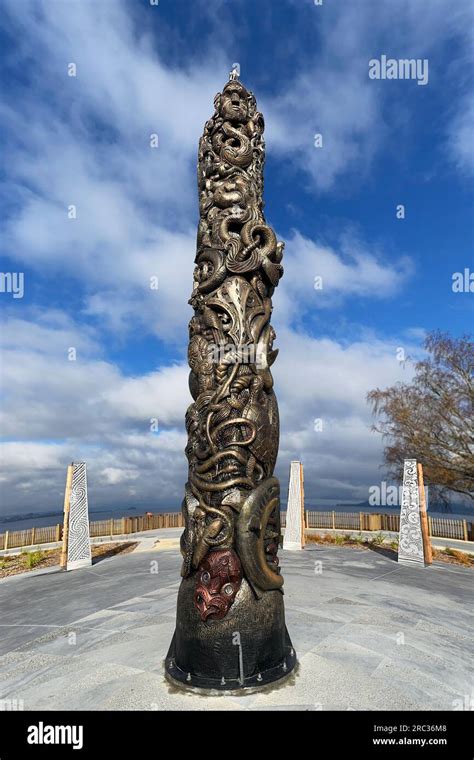 Maori Totem Pole On The Waterfront Of Taupo North Island New Zealand