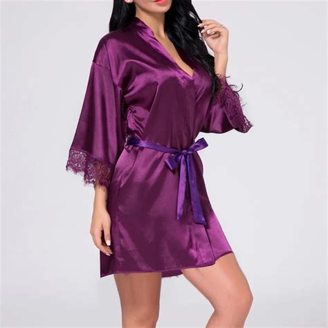 Women Sexy Lace Satin Lingerie Ultra Thin Translucent Nightdress Silky