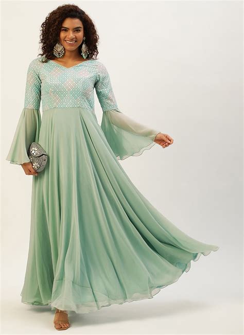 Shop Multicolored Bell Sleeves Embroidered Gown Party Wear Online At