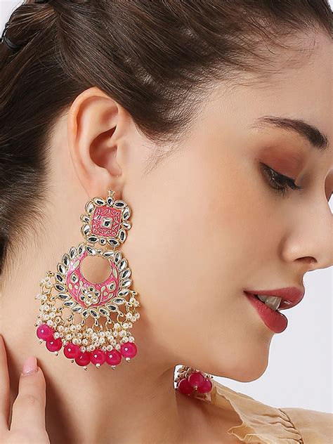 Buy Oomph Kundan Studded Floral Meenakari Chandbalis Earrings For