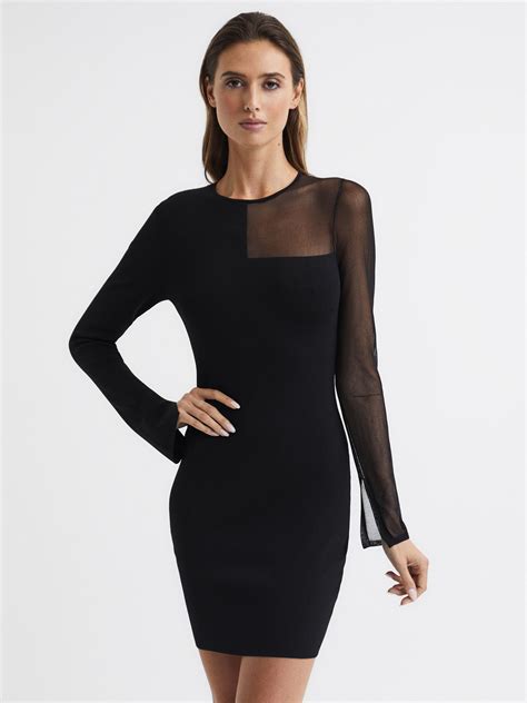 Sheer Panel Knitted Bodycon Mini Dress In Black Reiss