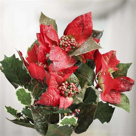 Sparkling Artificial Poinsettia And Pine Bush Christmas Holiday