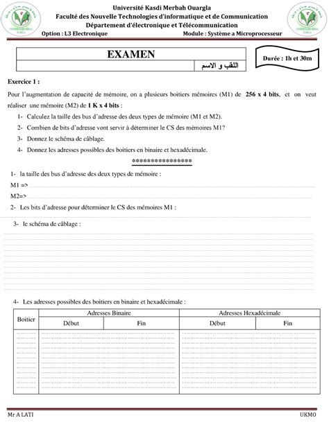 Examen 1 Systèmes a Microprocesseurs Université Kasdi Merbah Ouargla