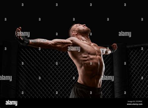 Conceptual Image Of A Kickboxer A Real Fighter Stands In The Real Cage